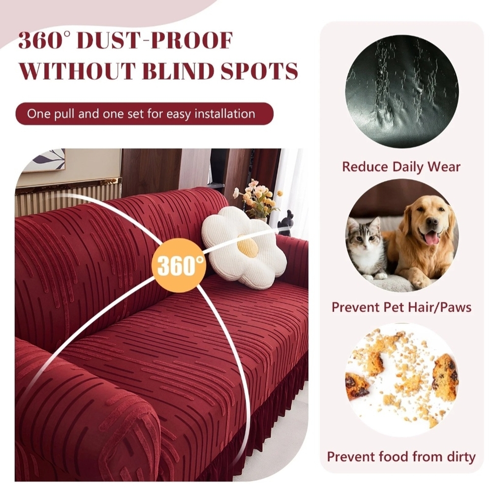 Stretch Jacquard Sofa Cover 3 Seater Caramel Skirt Anti-Slip Couch Protector NEW - Picture 4 of 7